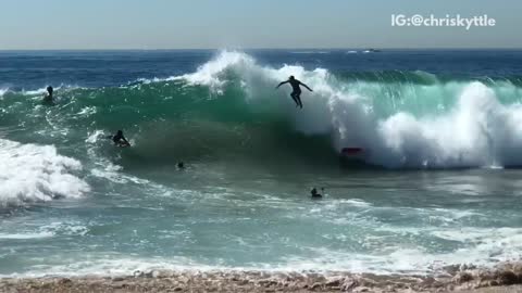 Two waves collide and every surfer has to bail at crest