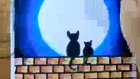 easy drawing of two cat sitting on Wall at night