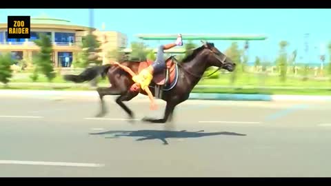 Girl Acrobaticly Rides Horse Through The Highway
