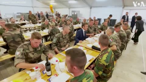 Macron Shares Meal with French, Belgian Troops in Romania