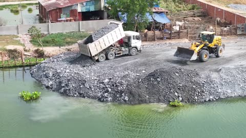 Ep18,Good Job Wheel Loader Push Stone In Water Deep With DumpTruck SHACMAN 10 Wheel Unloading Stone