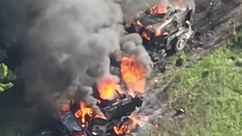 A pair of destroyed America MRAP International Maxx Pro in the Zaporozhye region