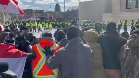 Ottawa, Canada - Protesters Try To Hold The Line But Are Heavily Outnumbered By Massive Police Force