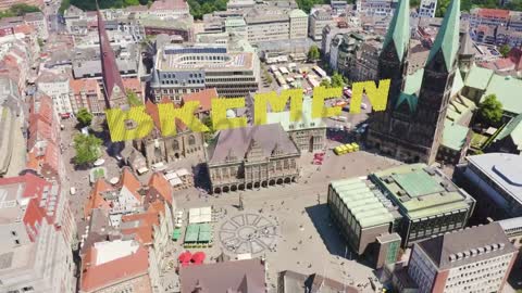 Inscription on video. Bremen, Germany. Bremen Market Square ( Bremer Marktplatz ), Bremen Cathedral