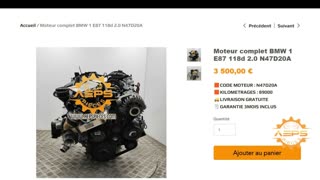 AEPSPIECES.COM - Moteur complet BMW 1 E87 118d 2.0 N47D20A