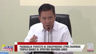 Pagbabalik-puwesto ni sinuspindeng LTFRB Chairman Teofilo Guadiz III, epektibo ngayong Lunes