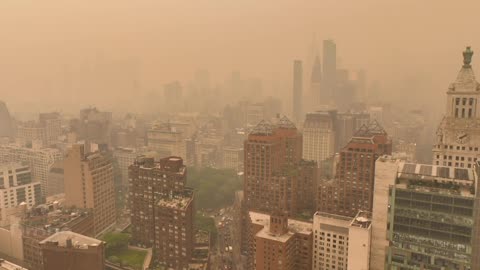 NYC Wildfire Haze from Canada. Drone View.