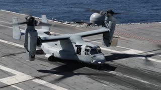 V 22 OSPREY CONDUCT LANDING AND LAUNCING ABOARD THE USS ABRAHAM LINCOLN AIRCRAFT CARRIER