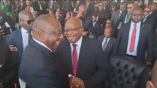 President Cyril Ramaphosa greets former president Jacob Zuma at Buthelezi funeral