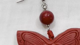 Handmade Unique 2” Drop Earrings with Red Jade, and Cinnabar Butterfly