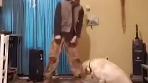 Russian man pets dog and dances, But its longer and synced
