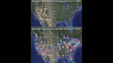 Comparison of the number of gender clinics for children in the United States in 2007 and 2022