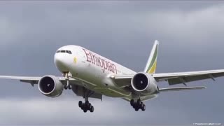 Ethiopian Airline Boeing 777-200LR landing at Heathrow Airport.