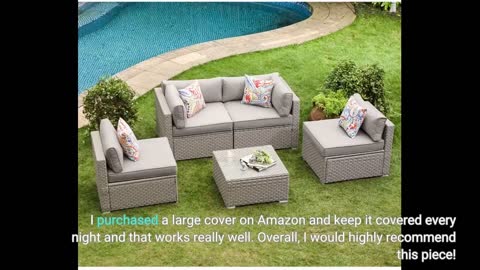 COSIEST 7-Piece Outdoor Furniture Set Warm Gray Wicker Sectional Sofa w Thick Cushions, Glass Coffee