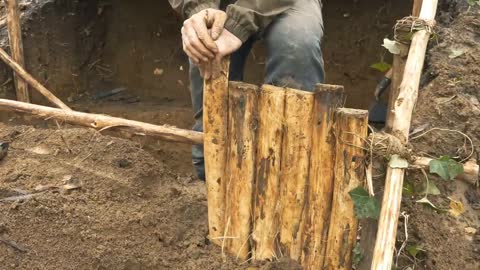 Building complete and warm survival shelter | Bushcraft earth hut, grass roof & fireplace with clay