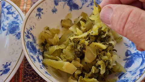 Prawn rice and veg soup with picked cabbage