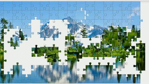 Puzzle. Lake in the mountains.