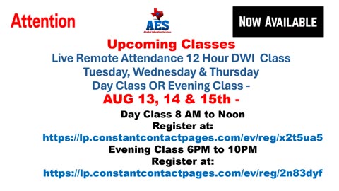 UPCOMING DWI CLASS FOR THIS WEEK AND WEEKEND