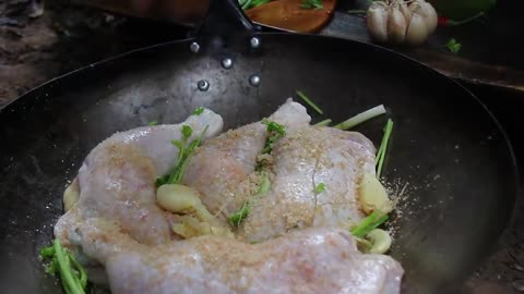 Cooking Coconut Chicken Leg Recipe eating so Yummy - Useconut water Cook Chicken Meat in Fry Pan-13