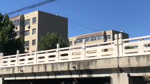 Under the blue sky , the bridge is sleeping, the river is singing, and the leaves are waving