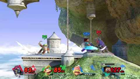 Ganondorf vs Diddy Kong vs Min Min and Steve on Temple (Super Smash Bros Ultimate)