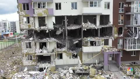 Drone Footage Shows Destroyed Apartment Complex In Bucha, Ukraine