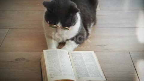 cat is reading a book attentively