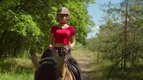 Portrait of concentrated young female rider in helmet with whip riding horseback on forest trail