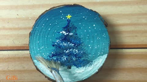 Acrylic Painting of a Christmas Pine Tree on Wooden Coasters, Step by Step