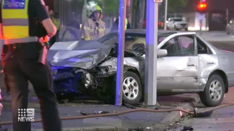 Woman hospitalised after teens crash car into apartment | 9 News Australia