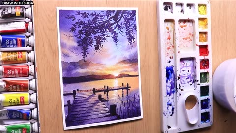 Watercolor painting of sunset evening landscape of river side easy