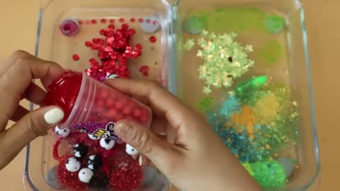 Mixing "Red vs Green"Eyeshadow and Makeup, Parts, geltter into slime! satisfying..