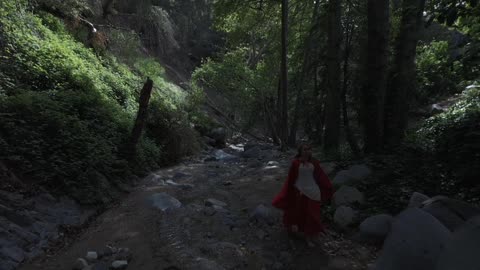 Aerial, woman in red shawl walks down path in forest