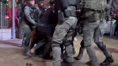 lsraeli occupation forces assault a Palestinian girl & man at Damascus Gate, occupied Jerusalem.
