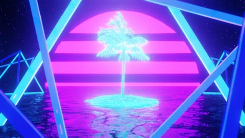 Retro 80's VHS style triangles spin over neon palm tree