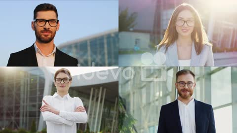 Collage Of Joyful People Of Different Gender Standing Outdoor With Office Building On Background