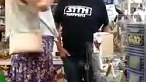 Store Owner in Star Wars shirt confronted by Biological Man in a Skirt - doesnt go well