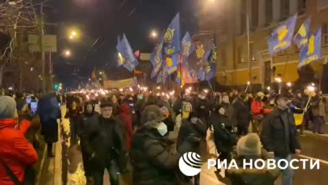 A torchlight procession of Ukrainian nationalists takes place in Kiev on the occasion of Stepan
