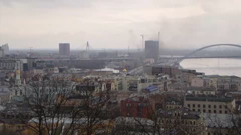 Aerial video shows fire near Ukraine intelligence office in Kiev