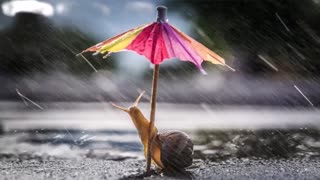 Snail Caught In The Rain With Umbrella
