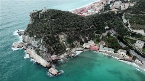 drone flying over baia dei saraceni in varigotti liguria italy