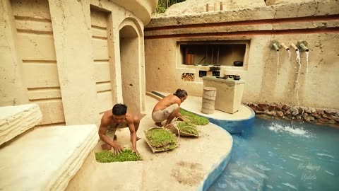 Building a Modern Underground Hut with Grass Roof and a Swimming Pool