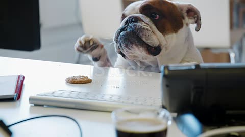 Bulldog trying to reach a cookie on the desk in an office