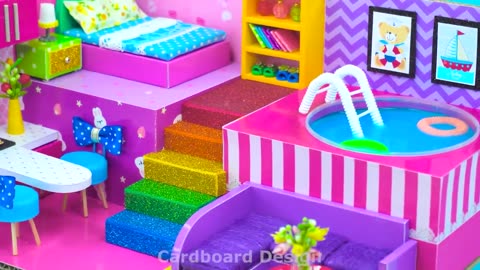 DIY Miniature House #19 ❤️ Build Round Swimming Pool, Bedroom, Kitchen,Living Room Rainbow Cardboard