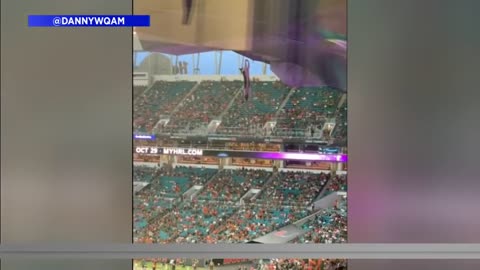 Falling cat caught in American flag at Hard Rock Stadium during Miami game.