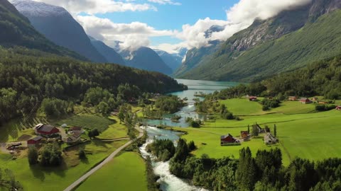 Stunning aerial view of Lovatneit Lodal lake valley in Norway