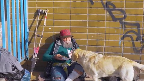 A devoted dog shares biscuits with his homeless owner