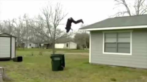 Guy Jumps Headfirst Off Roof Into Trash Can, Fail!