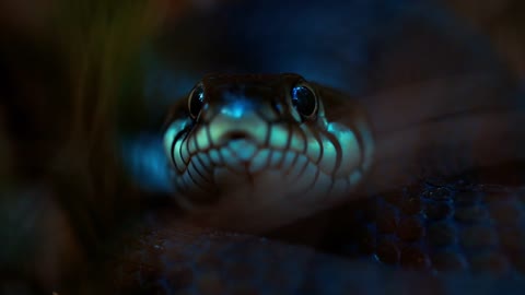 A close-up of a snake looking directly into the camera. A live snake sticks out its tongue