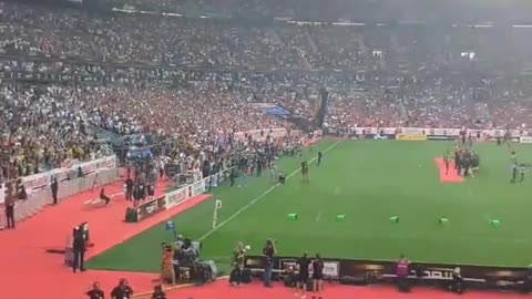 FRANCE- Even the sound system in the Stade de France can’t drown out the booos from citizens...